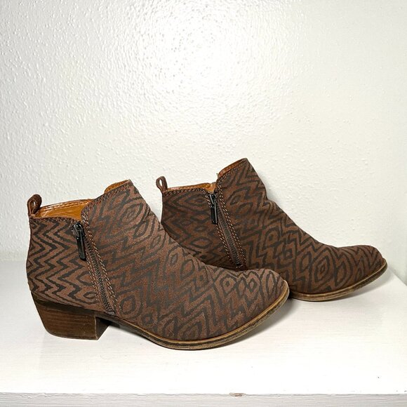 Lucky Brand Basel Booties Womens Size 8.5 Tribal Boho Ankle Boots Leather Suede - Picture 1 of 15